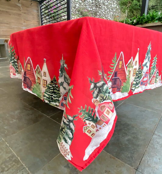 Mantel - Colección Navidad - casitas fondo rojo